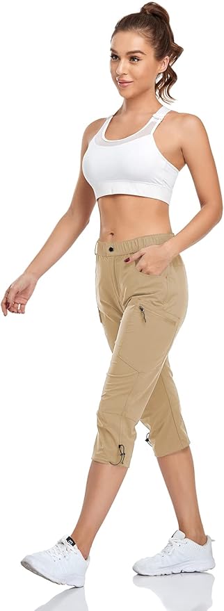 GymBrave Women's Hiking Cargo Pants Quick Dry Outdoor Camping Capris Water Resistant UPF 50 with Zipper Pockets