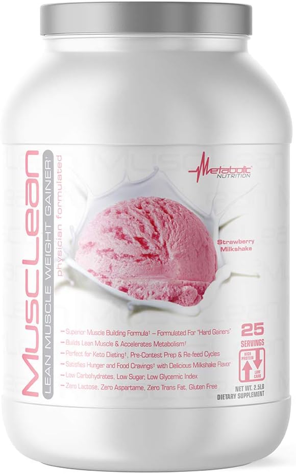 Metabolic Nutrition - Musclean - Milkshake, Whey High Protein Meal Replacement, Maintenance Nutrition, Low Carb, Keto Diet, Digestive Enzymes, Strawberry, 2.5 Pound (25 ser)