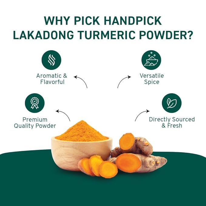 HANDPICK Lakadong High Curcumin Turmeric Powder (226g/ 8oz) Non GMO, Gluten Free, 100% Raw, Sourced from India, High Curcumin, Premium Quality, Packed in Resealable Ziplock Pouch