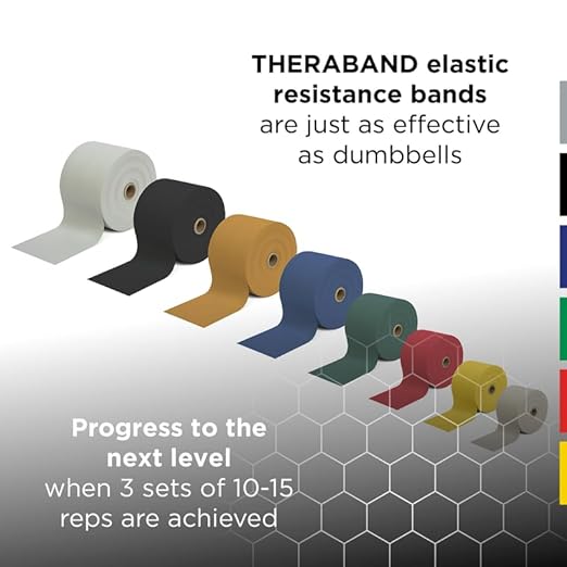 THERABAND Resistance Bands, 6 Yard Roll Professional Latex Elastic Band For Upper Body, Lower Body, & Core Exercise, Physical Therapy, Pilates, Home Workouts, & Rehab, Tan, Extra Thin, Level 1
