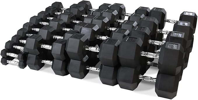 WF Athletic Supply Rubber Coated Hex Dumbbell Set, Multiple Choices Available - Dumbbells with Rack Stand and Mat, or Dumbbells Only (200/550/1200/2100/3000 LB)