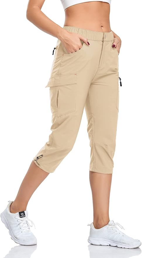 GymBrave Women's Hiking Cargo Pants Quick Dry Outdoor Camping Capris Water Resistant UPF 50 with Zipper Pockets