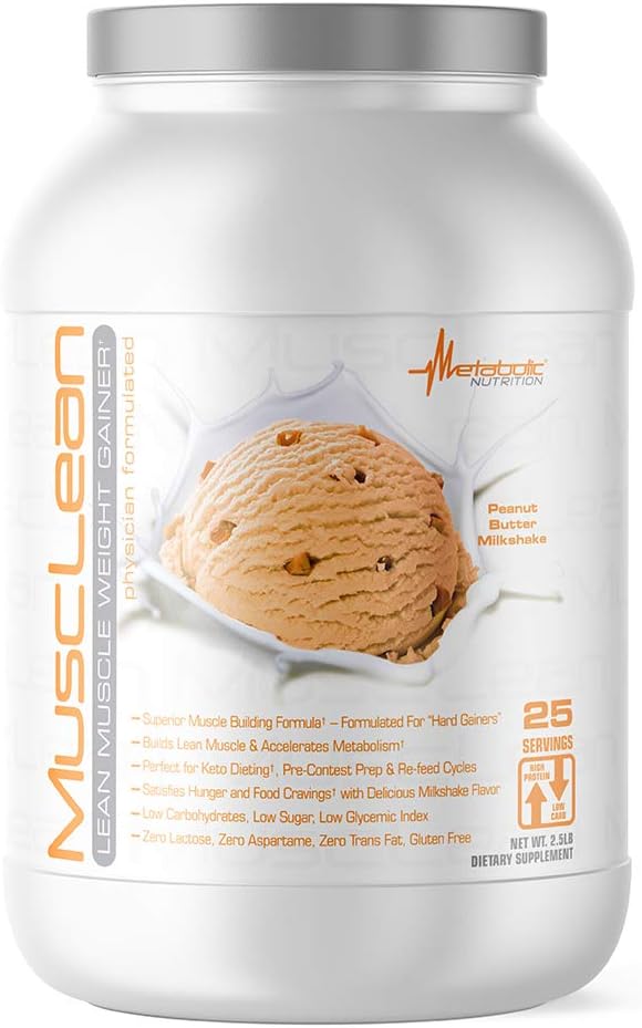 Metabolic Nutrition - Musclean - Milkshake, Whey High Protein Meal Replacement, Maintenance Nutrition, Low Carb, Keto Diet, Digestive Enzymes, Peanut Butter, 2.5 Pound (25 ser)