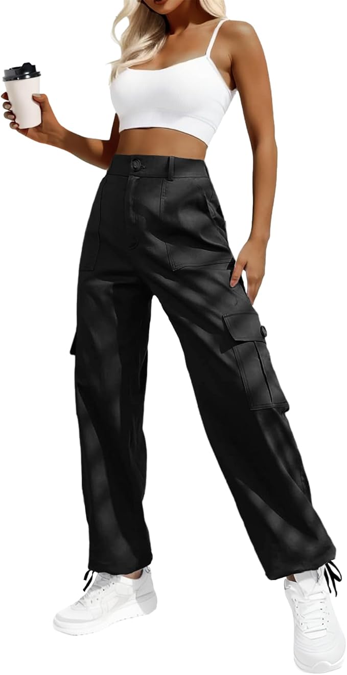 Lepunuo Women's High Waisted Cargo Pants Travel Y2K Streetwear Baggy Stretchy Pants with 6 Pockets Drawstring Ankle Cuffs