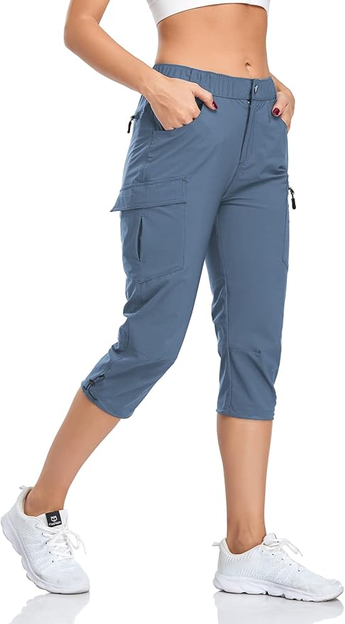 GymBrave Women's Hiking Cargo Pants Quick Dry Outdoor Camping Capris Water Resistant UPF 50 with Zipper Pockets