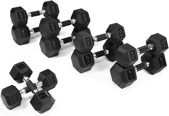 WF Athletic Supply Rubber Encased Hex Dumbbells with Rubber Grip Contoured Handle for Muscle Toning, Strength Building & Full Body Workout