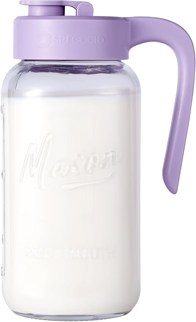 Mason Jar Pitcher - Airtight & Leakproof Glass Pitcher with Lid, Perfect for Breastmilk, Cold Brew, and Sun Tea, 2 Quart (64 oz) Mason Jar with Pour Spout Lid