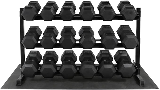 WF Athletic Supply Rubber Coated Hex Dumbbell Set, Multiple Choices Available - Dumbbells with Rack Stand and Mat, or Dumbbells Only (200/550/1200/2100/3000 LB)