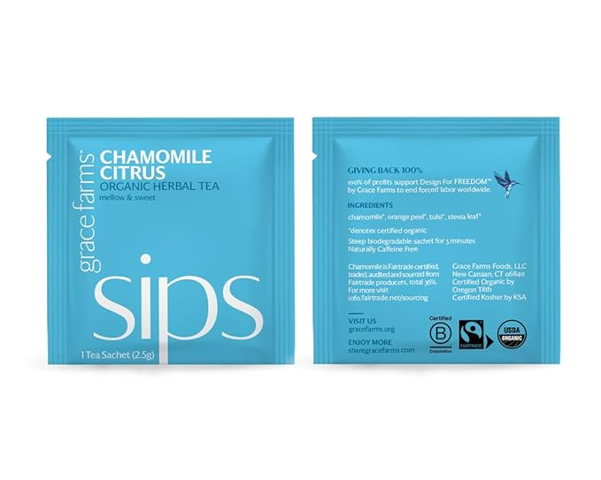 Grace Farms Organic CHAMOMILE CITRUS Herbal Tea (100 Enveloped Pyramid Sachets w/ String & Tag) | Naturally Sweet, Healthy and Caffeine Free | Organic, Fair Trade and Kosher Certified | Gives Back 100% of Profits