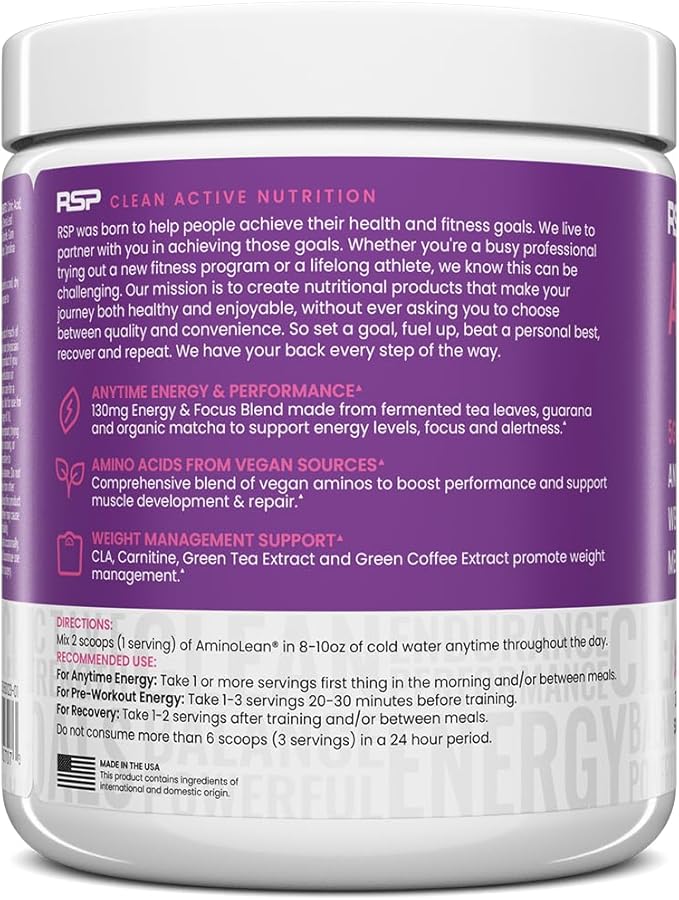 RSP NUTRITION AminoLean Natural Pre Workout Powder, Sucralose Free Amino Energy with No Artificial Dyes, Vegan BCAAs and Weight Management, Acai, 25 Serv