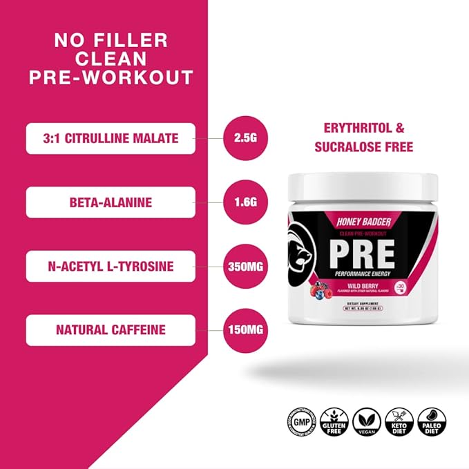 Honey Badger Pre Workout Powder, Keto Vegan Preworkout for Men & Women, Beta Alanine & Caffeine, Sugar Free Natural Energy Supplement, Wild Berry, 30 Servings