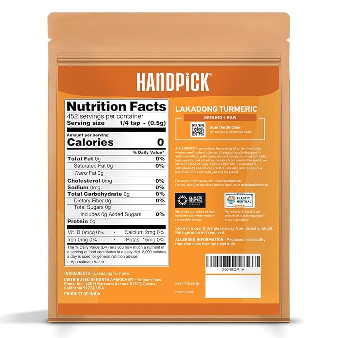 HANDPICK Lakadong High Curcumin Turmeric Powder (226g/ 8oz) Non GMO, Gluten Free, 100% Raw, Sourced from India, High Curcumin, Premium Quality, Packed in Resealable Ziplock Pouch