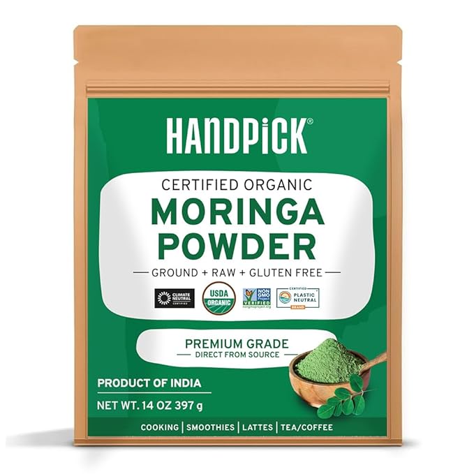 HANDPICK USDA Organic Moringa Powder (397g/14oz) Pure Moringa Oleifera Leaf Powder | Authentic Indian Origin | Gluten Free, Non-GMO | Perfect for Smoothies, Drinks, Tea & Recipes