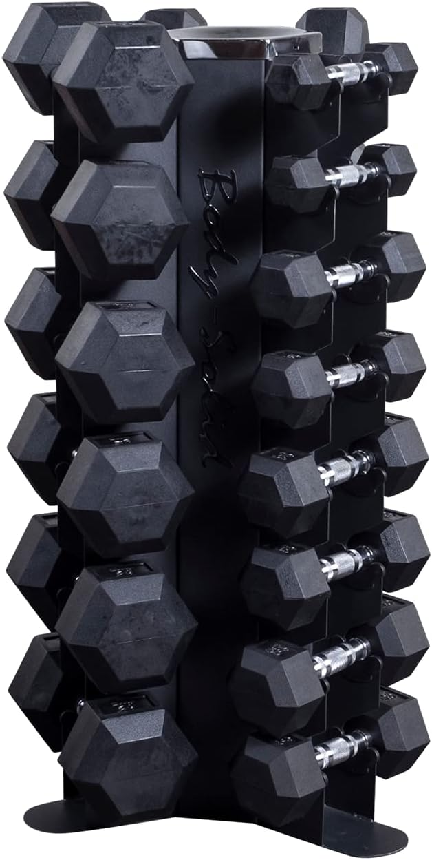 Body-Solid (GDR80-SDRS550) 10-Pairs Dumbbell with Vertical Rack - Compact Weight Storage for Home Gym, Strength Training - Rubber Coated Hexagon Shape Dumbbells with Stand