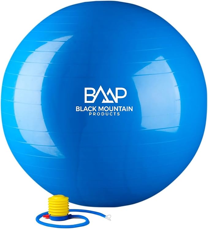 Black Mountain Products Exercise Stability Yoga Ball, Foot Pump, Ball Plug, Plug Puller, 2000 Lbs Static Weight Capacity Antiburst