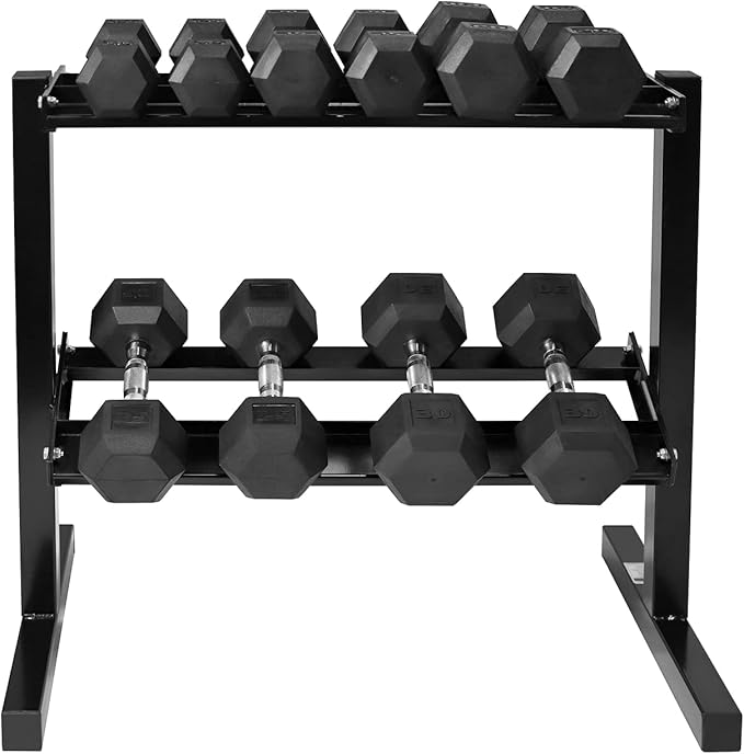 WF Athletic Supply Rubber Coated Hex Dumbbell Set with Two Tier Premium Storage Rack Built for Strength Building, Weight Loss & Home Gym – Multiple Sets Available