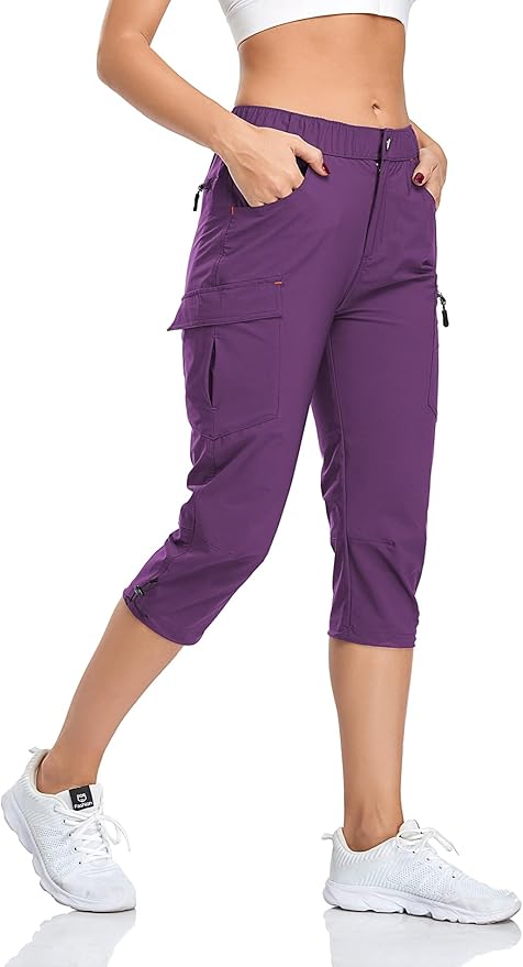 GymBrave Women's Hiking Cargo Pants Quick Dry Outdoor Camping Capris Water Resistant UPF 50 with Zipper Pockets