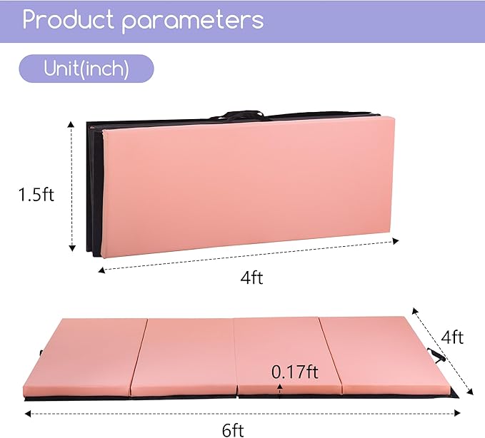 Gymnastics Tumbling Mats Portable Gymnastics Mat Foldable Tumbling Mat 2'x6'/4'x8' PU Leather Exercise Mat Yoga Mat with Carrying Handles for home Workout outdoor Yoga Gymnastics