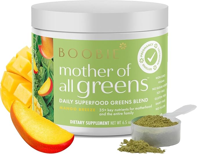 Boobie Mother of All Greens | Your New Family Ritual, Daily Super Greens Powder with 35+ Essential Nutrients for Moms & Families | Vegan, Gluten Free, & Sugar Free | Mango Flavor, 30 svgs