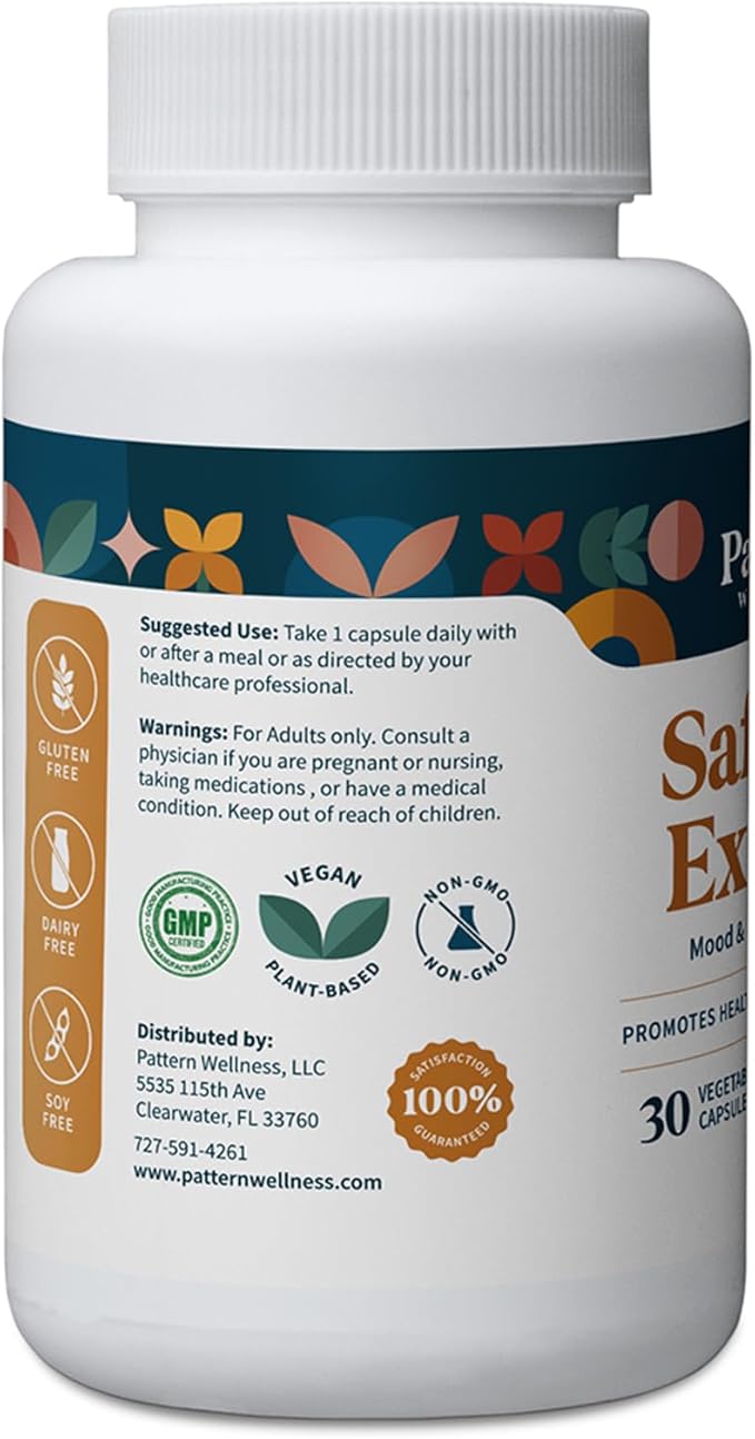 Pattern Wellness Saffron Extract - Mood, Energy & Appetite Support - 88.5mg Pure Saffron Supplement - Non-GMO & Gluten-Free - 30 Vegetable Capsules
