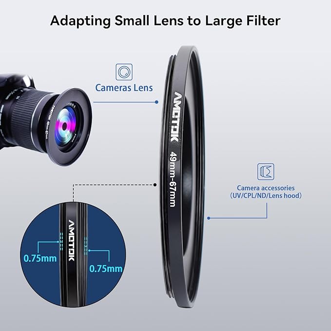 49mm Lens to 67mm Camera Lens Adapter,49mm to 67mm Filter Step-Up Adapter Ring,Compatible All 67mm Filter Accessory