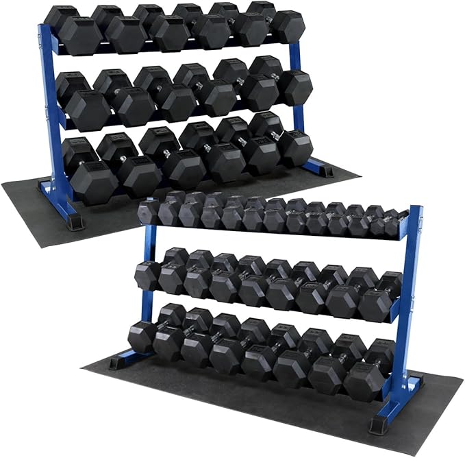 WF Athletic Supply Rubber Coated Hex Dumbbell Set, Multiple Choices Available - Dumbbells with Rack Stand and Mat, or Dumbbells Only (200/550/1200/2100/3000 LB)