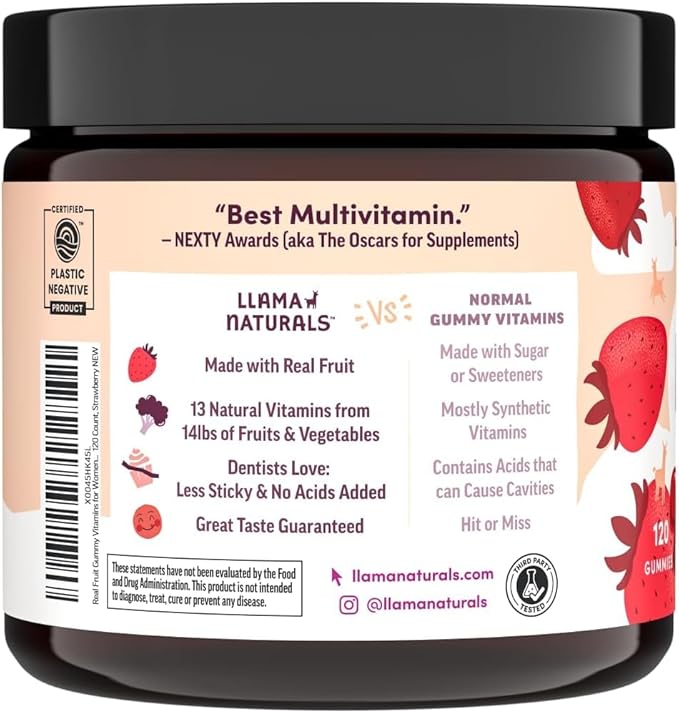 Llama Naturals Multivitamin for Women, Vegan, Organic Gummies with Vitamin D, C and K, Women's Real Fruit Gummy Vitamins, Chewable Multivitamin Supplement, No Added Sugar Cane, Strawberry, 120 Ct
