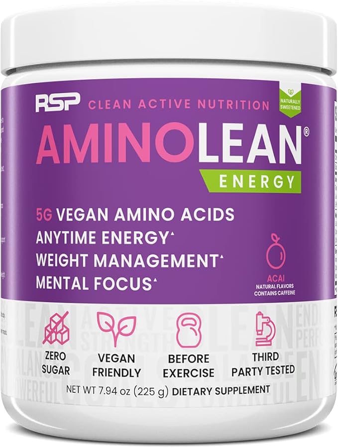 RSP NUTRITION AminoLean Natural Pre Workout Powder, Sucralose Free Amino Energy with No Artificial Dyes, Vegan BCAAs and Weight Management, Acai, 25 Serv