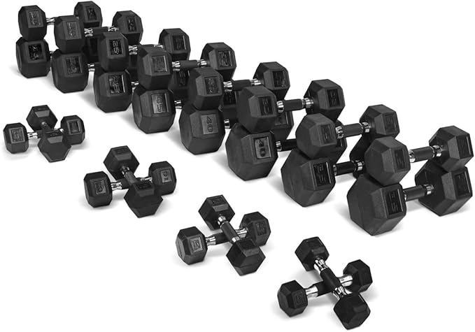 WF Athletic Supply Rubber Encased Hex Dumbbells with Rubber Grip Contoured Handle for Muscle Toning, Strength Building & Full Body Workout