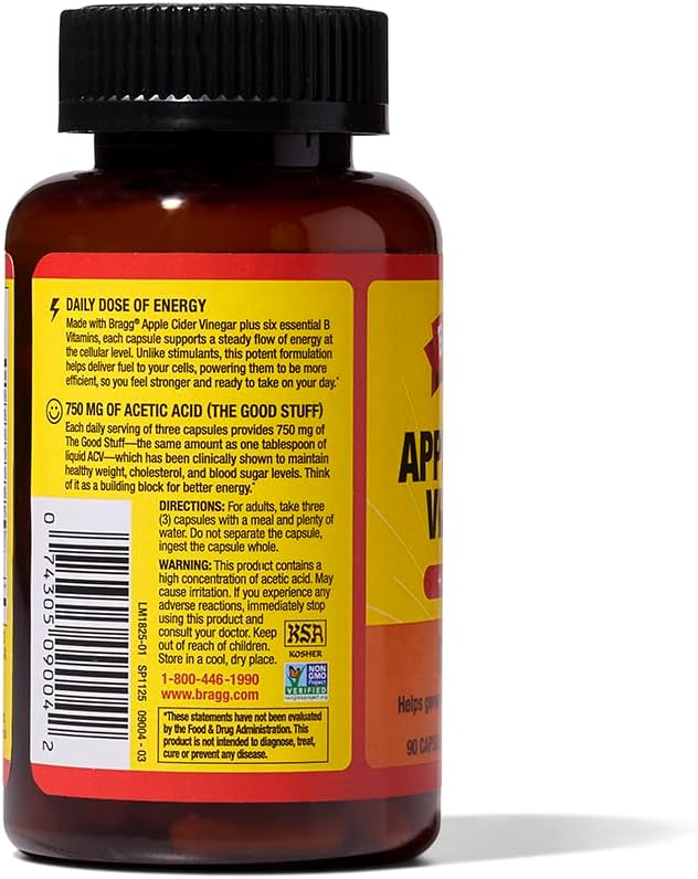 Bragg Energy Apple Cider Vinegar Capsules with B-12 Vitamins - 90 Capsules - Weight Management - Non-GMO, Vegan, Gluten Free, No Sugar - Helps Generate Energy at Cellular Level for Men and Women