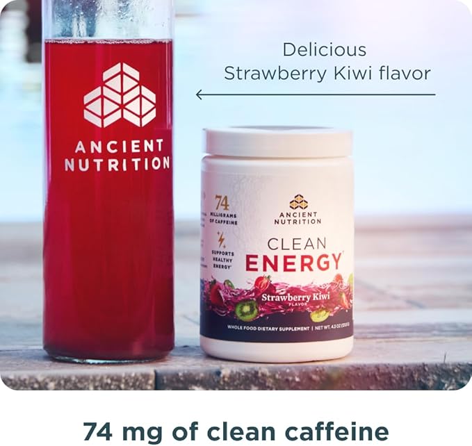 Ancient Nutrition Clean Energy Powder, Strawberry Kiwi, Supports Healthy Energy and Cognitive Health, Promotes Mental Alertness and Focus, 30 Servings