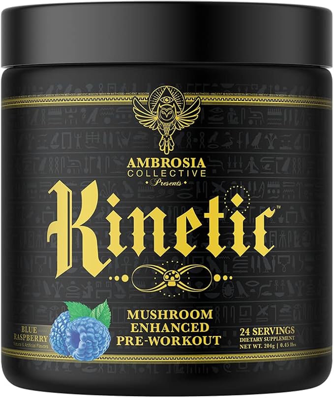 Ambrosia Kinetic Organic Preworkout, Mushroom Enhanced Natural Pre Workout Supplement, Nootropic Superfood Powder for Energy (Blue Raspberry)