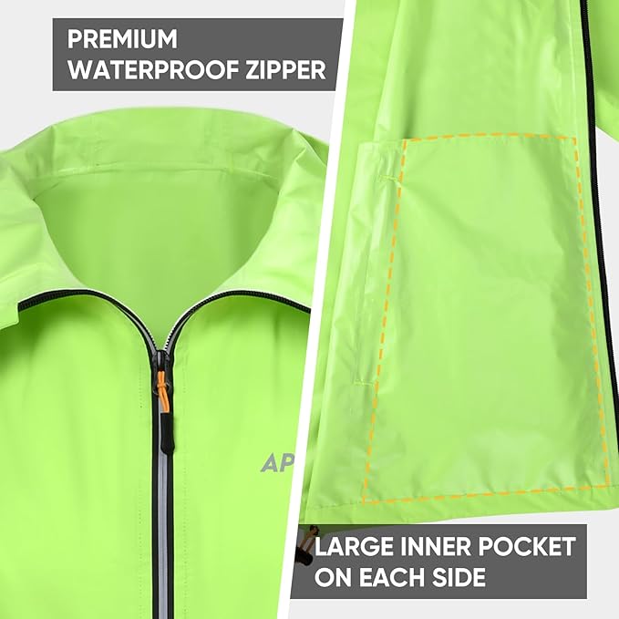 APEXUP Packable Rain Jacket Men with Reflective Zipper, Lightweight Waterproof Raincoat, Mens Rain Jacket for Outdoor Sports