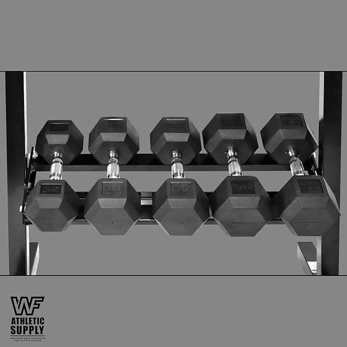 WF Athletic Supply Rubber Coated Hex Dumbbell Set with Two Tier Premium Storage Rack Built for Strength Building, Weight Loss & Home Gym – Multiple Sets Available