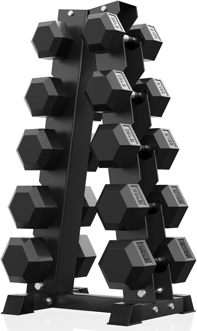 PAPABABE Hex Dumbbell Sets with Rack, 60-550lb Rubber Coated Dumbbell Weight Set and Storage Rack, Multiple Options Hand Weights for Strength Training