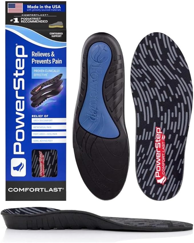 PowerStep Comfort Last Insoles, Cushioning Gel Insoles for Standing All Day, Supports Metatarsal Pain, Foot Arch, Heel Pain, All Day Comfort, Made in The USA (Men's 7-8.5 / Women's 9-10.5)