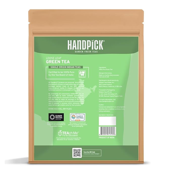 HANDPICK, Green Tea Loose Leaf (255g/9oz) +100 Cups | Non-GMO, 100% Pure Green Tea Leaves Sourced from Himalayas, India | Resealable Ziplock Pouch