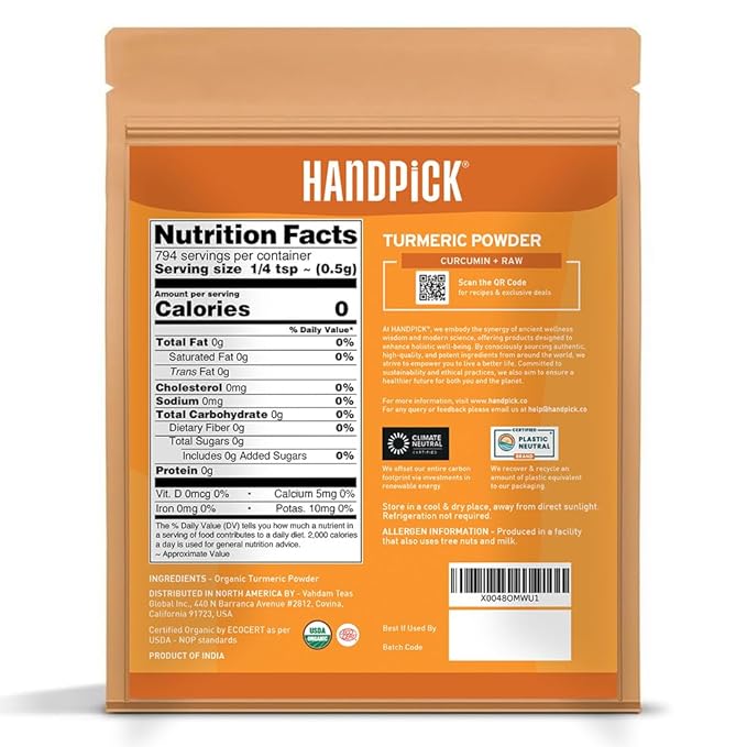 HANDPICK, Organic Turmeric Powder with Curcumin (397g/14oz) Gluten Free | Made from Turmeric Root | Raw Turmeric Powdered from India