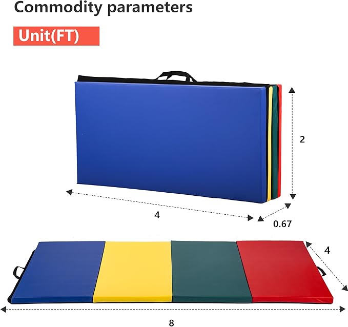 Gymnastics Tumbling Mats Portable Gymnastics Mat Foldable Tumbling Mat 2'x6'/4'x8' PU Leather Exercise Mat Yoga Mat with Carrying Handles for home Workout outdoor Yoga Gymnastics