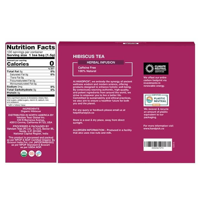 HANDPICK, Organic Hibiscus Tea Bags (100 Tea Bags) | Caffeine-Free, 100% Natural Pure Indian Hibiscus Flowers | Ayurvedic Benefits in every sip