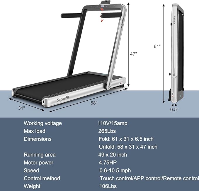 GYMAX Walking Pad, 4.75HP Under Desk Treadmill with LED Touch Screen, App Control, Built-in Speaker & Handle, 2 in 1 Folding Compact Portable Treadmill for Home Small Space