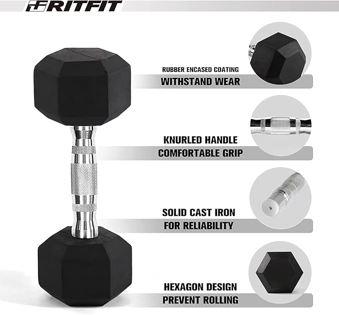 RITFIT 300/350/450/650/180/200/210 LB Rubber Hex Dumbbells Set with Optional Dumbbell Rack, Multi Weight Set to Choose, Ideal for Home Gym and Fitness