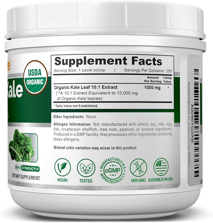 NusaPure Organic Kale Powder 10,000mg per Serving, 8.8 Ounce, Extract 10:1, Non-GMO