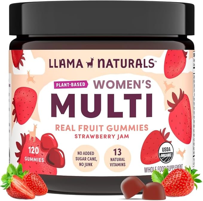 Llama Naturals Multivitamin for Women, Vegan, Organic Gummies with Vitamin D, C and K, Women's Real Fruit Gummy Vitamins, Chewable Multivitamin Supplement, No Added Sugar Cane, Strawberry, 120 Ct
