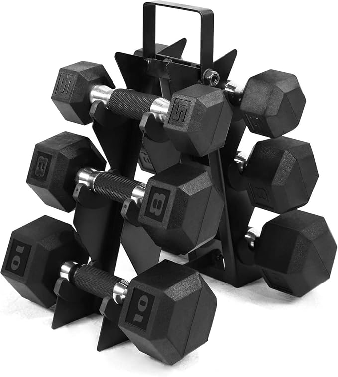WF Athletic Supply Rubber Encased Hex Dumbbells with Rubber Grip Contoured Handle for Muscle Toning, Strength Building & Full Body Workout