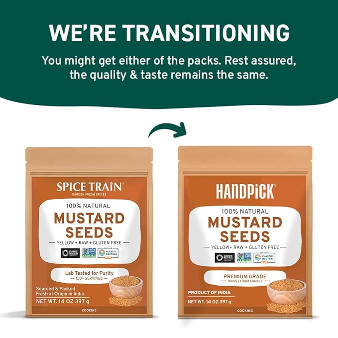 HANDPICK Yellow Mustard Seed (397g/14oz) Non GMO, Gluten Free, 100% Raw, Sourced from India, For Cooking, Pickles, Packed in Resealable Ziplock Pouch