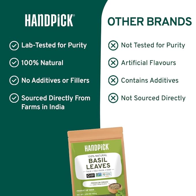 HANDPICK Dried Basil Leaves 40 Servings (100g/ 3.5oz) Non GMO, Gluten Free, 100% Raw Whole Tulsi Leaf, Sourced from India, Premium Quality, Packed in Resealable Ziplock Pouch
