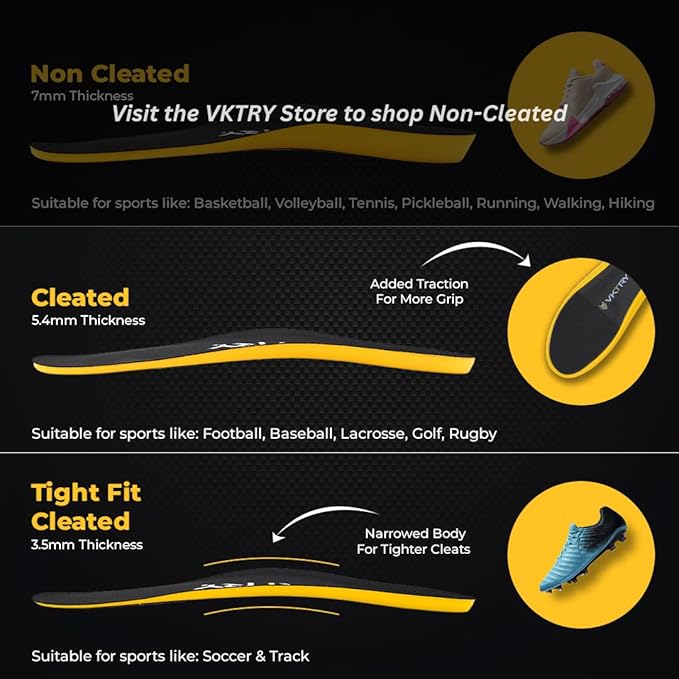 VKTRY Gold for Cleated Shoes - Carbon Fiber Performance Insoles - Customized Inserts for Soccer & Track | Run Fast, Jump High, Land Soft, Support Recovery, US: Men 8-8.5, Women 10-10.5, <120lb