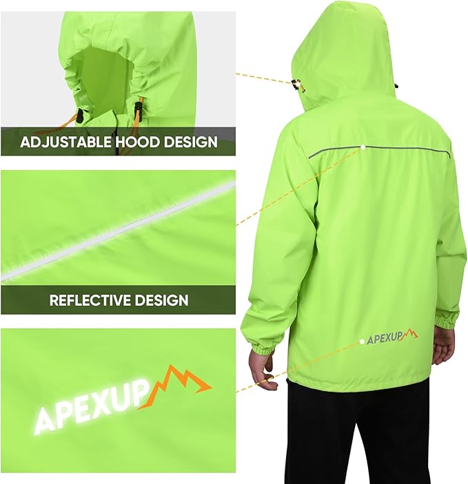 APEXUP Packable Rain Jacket Men with Reflective Zipper, Lightweight Waterproof Raincoat, Mens Rain Jacket for Outdoor Sports