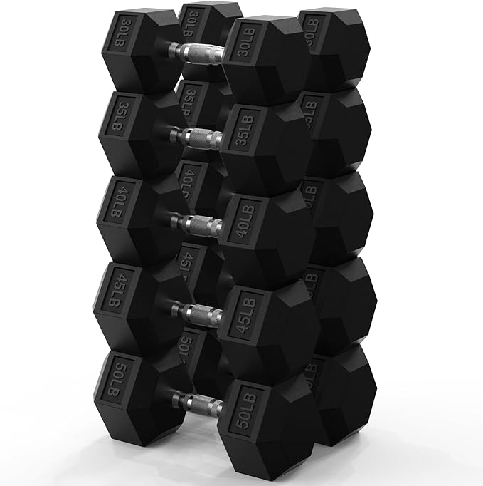 PAPABABE Hex Dumbbell Set 45-550 lb, Rubber Encased Home Gym Dumbbells, Weights Dumbbells for Women & Men, Hand Weight for Strength Training